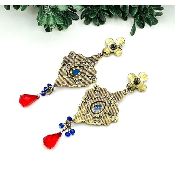 Vintage Inspired Bohemian Blue Red Crystal Chandelier Earrings - Picture 4 of 5
